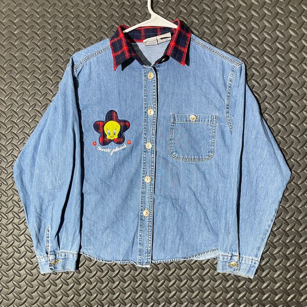 Warner Bros. Tweety Light Blue Denim Button-Down Shirt Red Plaid Collar Floral